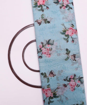 light blue and pink floral chanderi digital print fabric